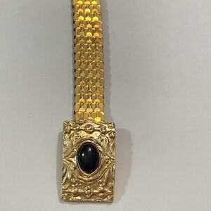 VTG,90s Retro Elegant Gold and Black Belt with Ornate Buckle Elastic & Brass